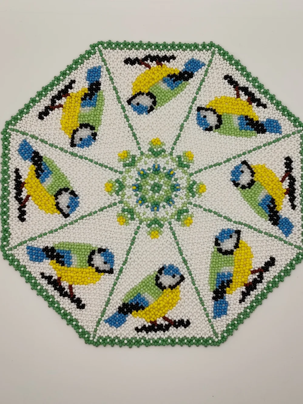 Handmade Beaded Bird Doily in Yellow, Green & Blue